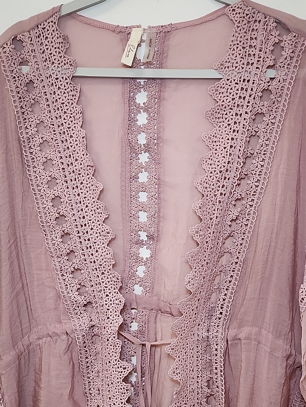 ELAN Women's Vivi crochet Cover Up tie front boho slouchy pink Mauve Lace Sz S - Picture 6 of 16